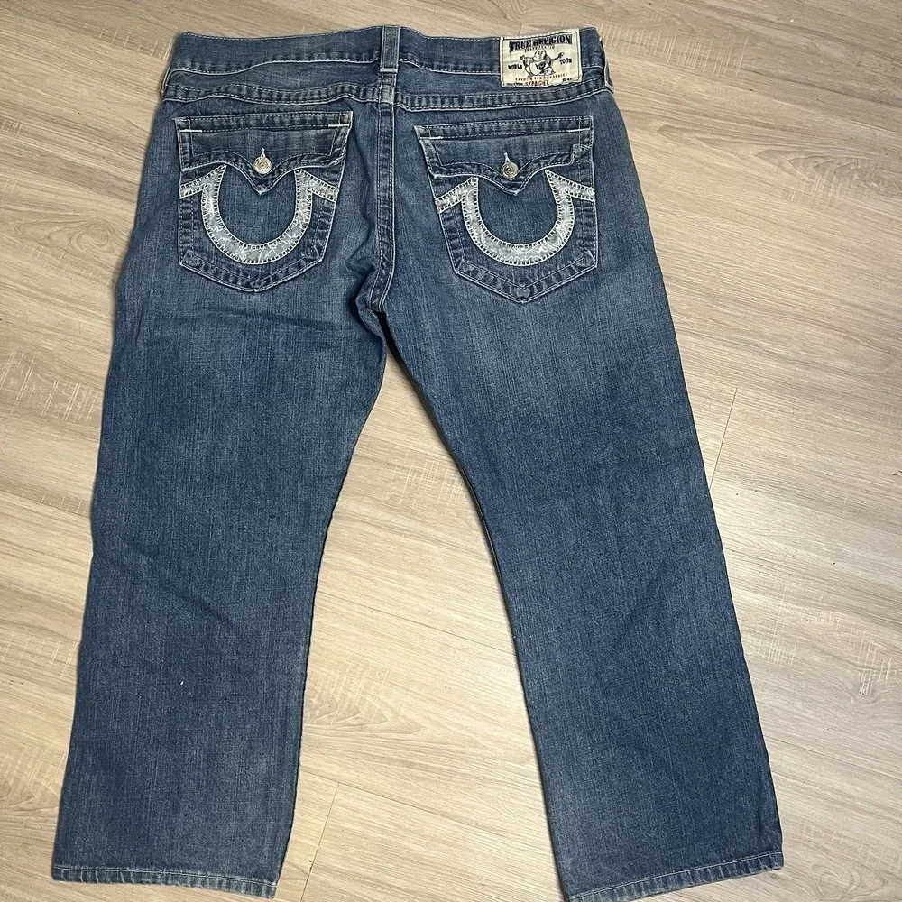 True Religion Men's Blue Denim Jeans Straight‎ Leg W/Flaps Size 38x25